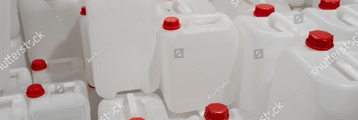 stock photo empty white plastic canisters for liquid refill bottles and cans for household in a hardware 2383777287