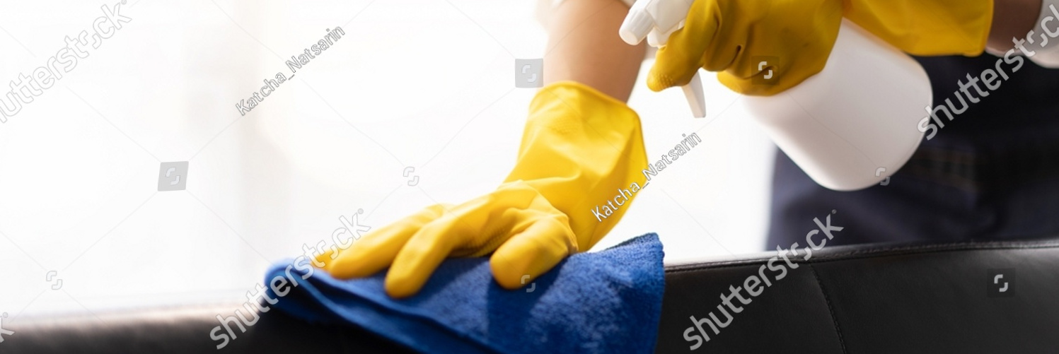 stock photo housewife in apron wearing gloves to spraying hygiene spray on the couch and using microfiber 2284390831