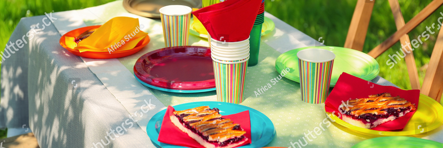 stock photo table served with disposable tableware in garden 630238373