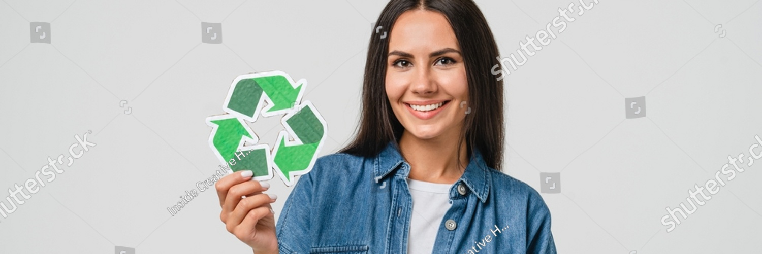 stock photo young caucasian woman girl eco activist holding recycling logo sign for sorting garbage paper 2138383373